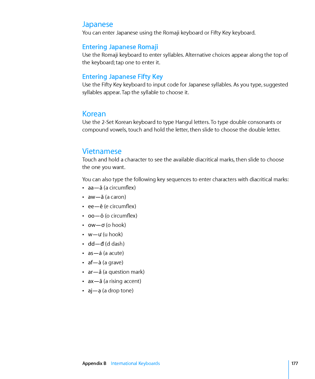 Apple MC825LL/A, MC992LL/A, MC983LL/A manual Korean, Vietnamese, Entering Japanese Romaji, Entering Japanese Fifty Key 