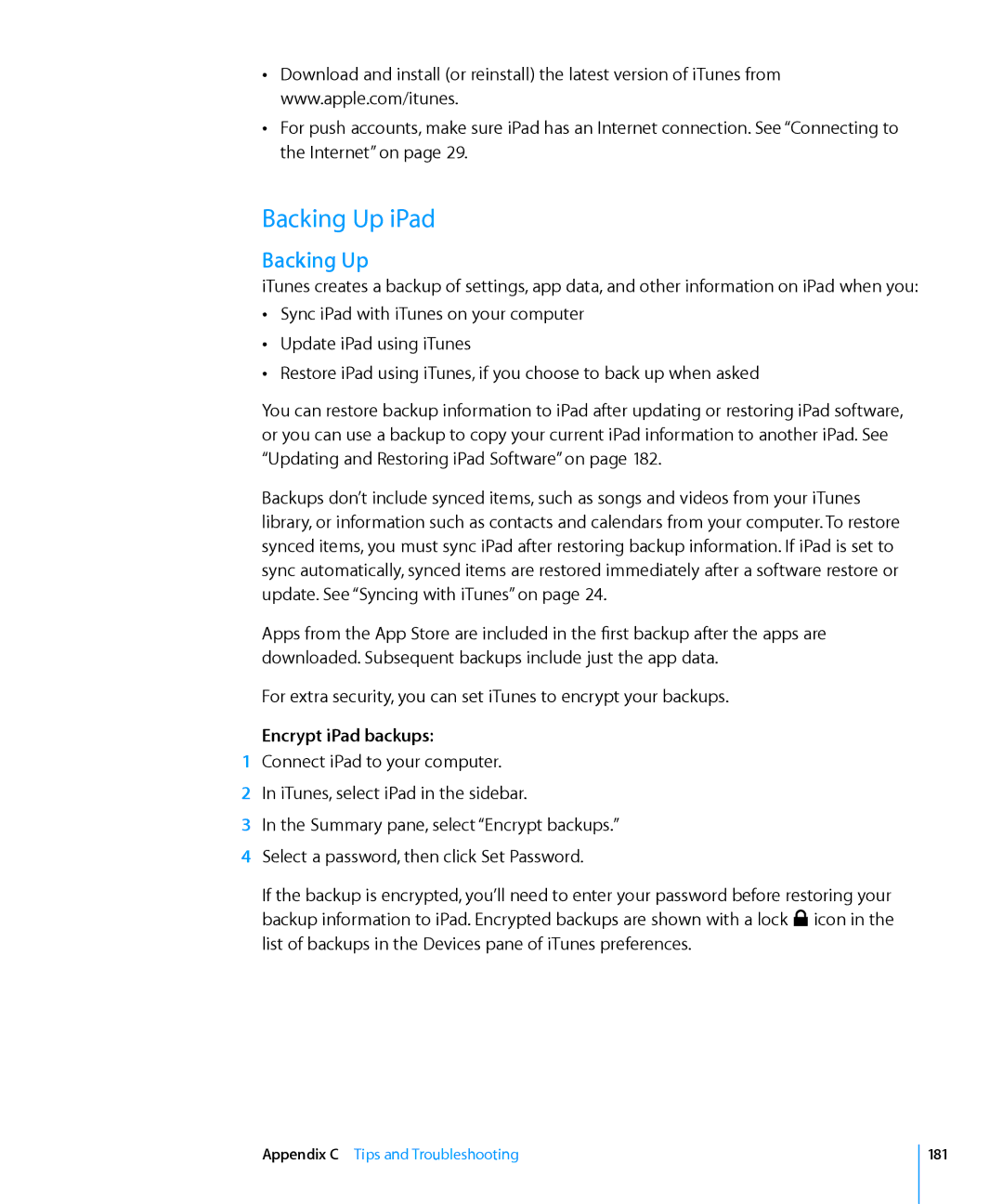 Apple MC983LL/A, MC992LL/A, MC987LL/A, MC963LL/A, MC774LL/A, MC959LLA, MC982LL/A Backing Up iPad, Encrypt iPad backups, 181 