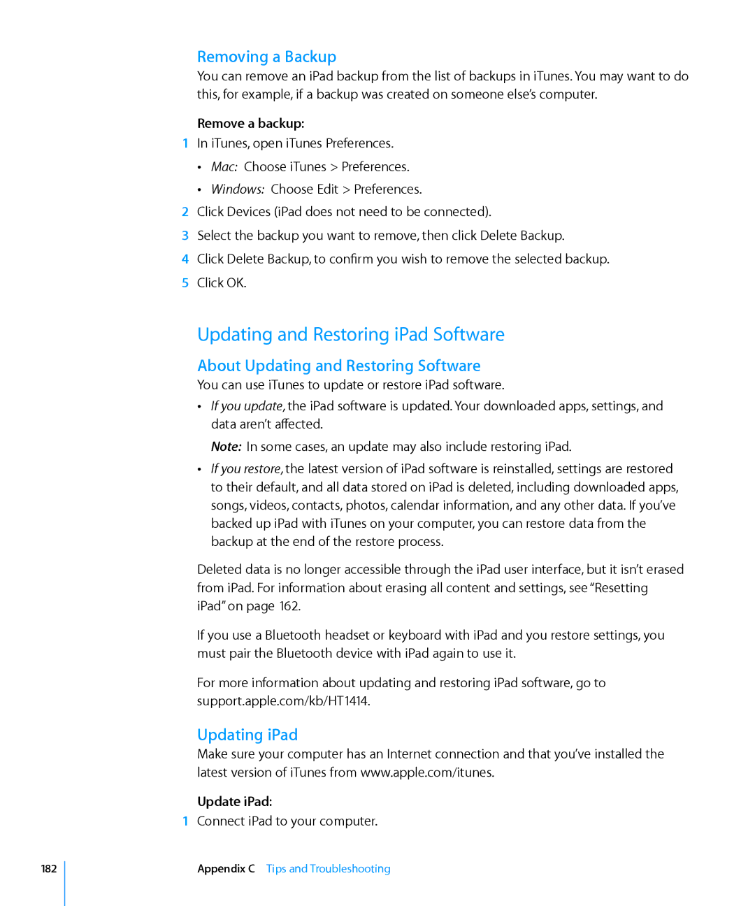 Apple MC987LL/A, MC992LL/A Updating and Restoring iPad Software, Removing a Backup, About Updating and Restoring Software 