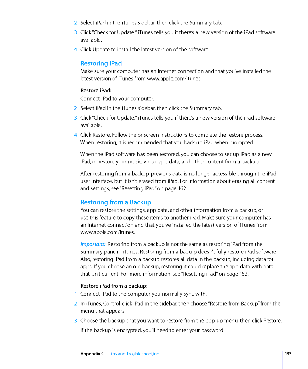 Apple MC963LL/A, MC992LL/A, MC983LL/A, MC959LLA Restoring iPad, Restoring from a Backup, Restore iPad from a backup, 183 