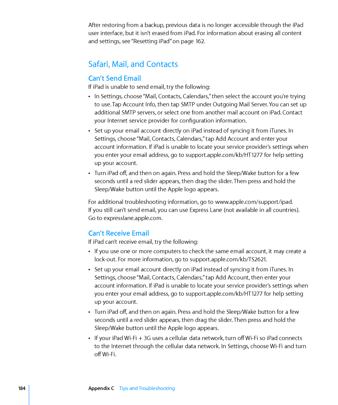 Apple MC774LL/A, MC992LL/A, MC983LL/A, MC987LL/A manual Safari, Mail, and Contacts, Can’t Send Email, Can’t Receive Email, 184 