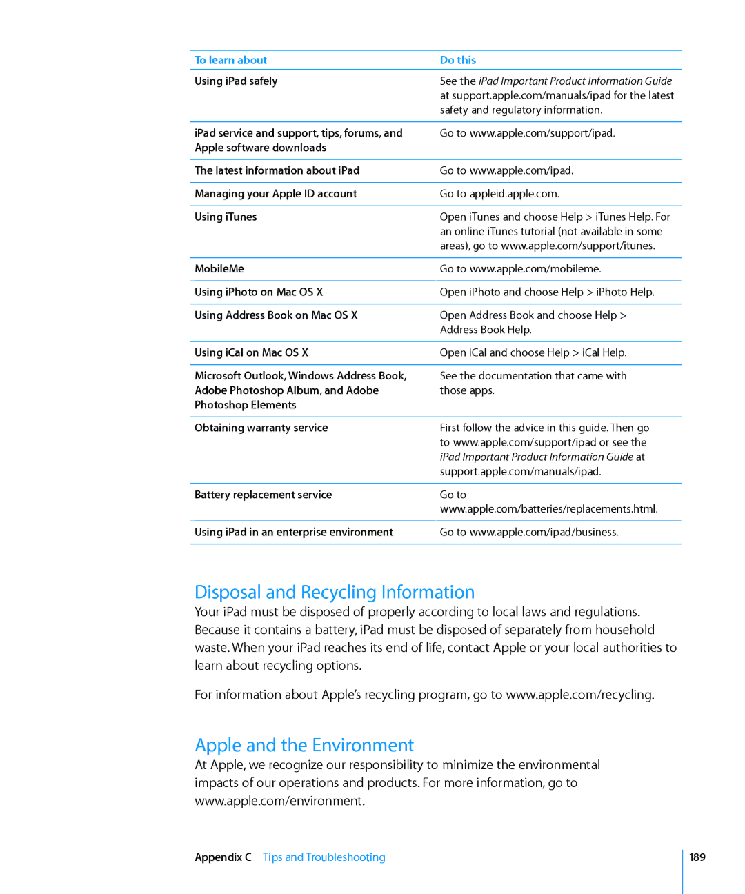 Apple MC957LL/A, MC992LL/A, MC983LL/A, MC987LL/A, MC963LL/A Disposal and Recycling Information, Apple and the Environment 