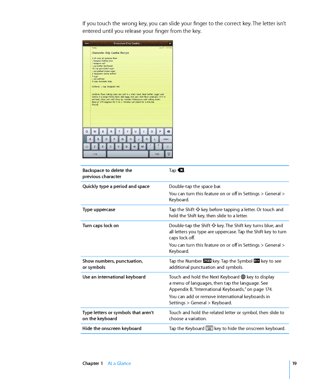 Apple MC955LL/A Backspace to delete, Previous character Quickly type a period and space, Type uppercase, Turn caps lock on 