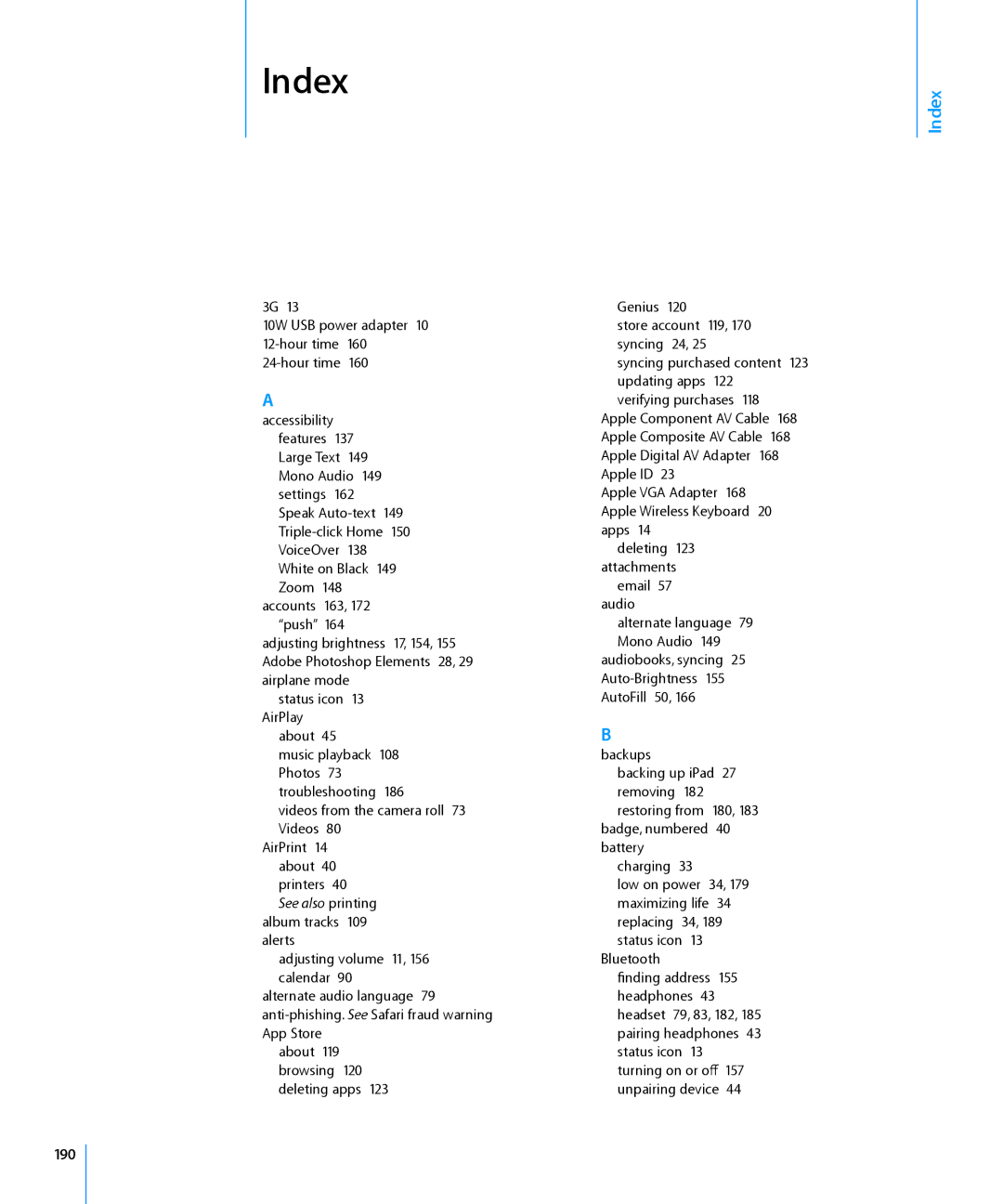 Apple MC822LL/A, MC992LL/A, MC983LL/A, MC987LL/A, MC963LL/A, MC774LL/A, MC959LLA, MC982LL/A, MC823LL/A, MC985LL/A manual Index, 190 