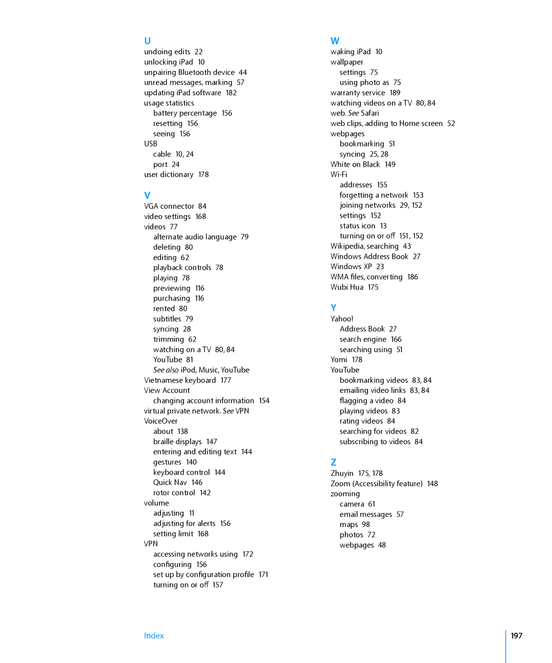 Apple MC825LL/A, MC992LL/A, MC983LL/A, MC987LL/A, MC963LL/A, MC774LL/A, MC959LLA, MC982LL/A, MC823LL/A, MC985LL/A manual Usb, 197 