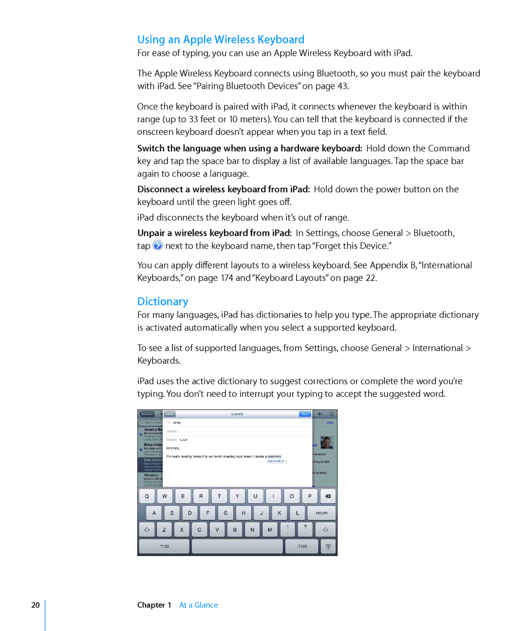 Apple MC992LL/A manual Using an Apple Wireless Keyboard, Dictionary, IPad disconnects the keyboard when it’s out of range 