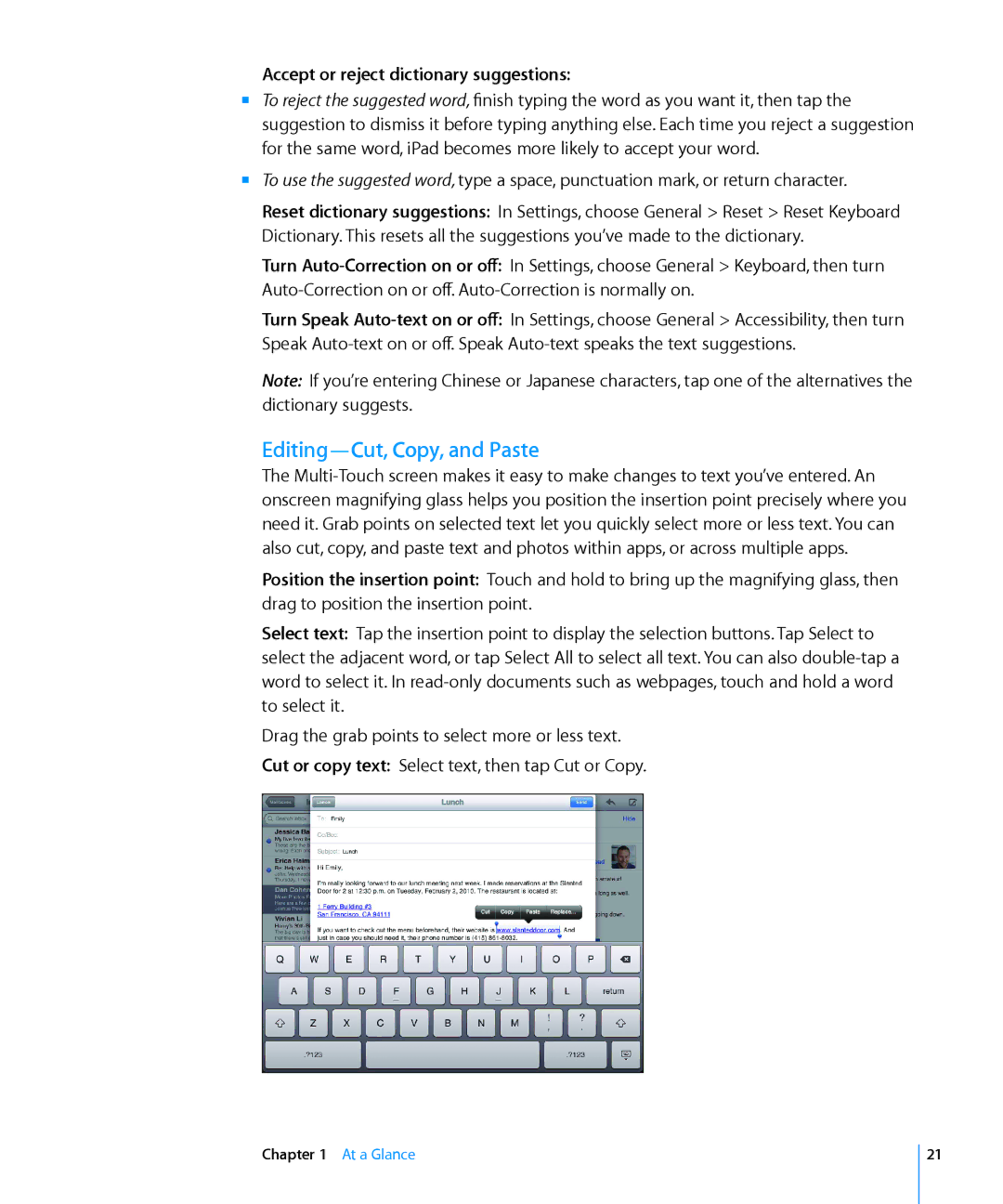 Apple MC983LL/A, MC992LL/A, MC987LL/A, MC963LL/A manual Editing-Cut, Copy, and Paste, Accept or reject dictionary suggestions 