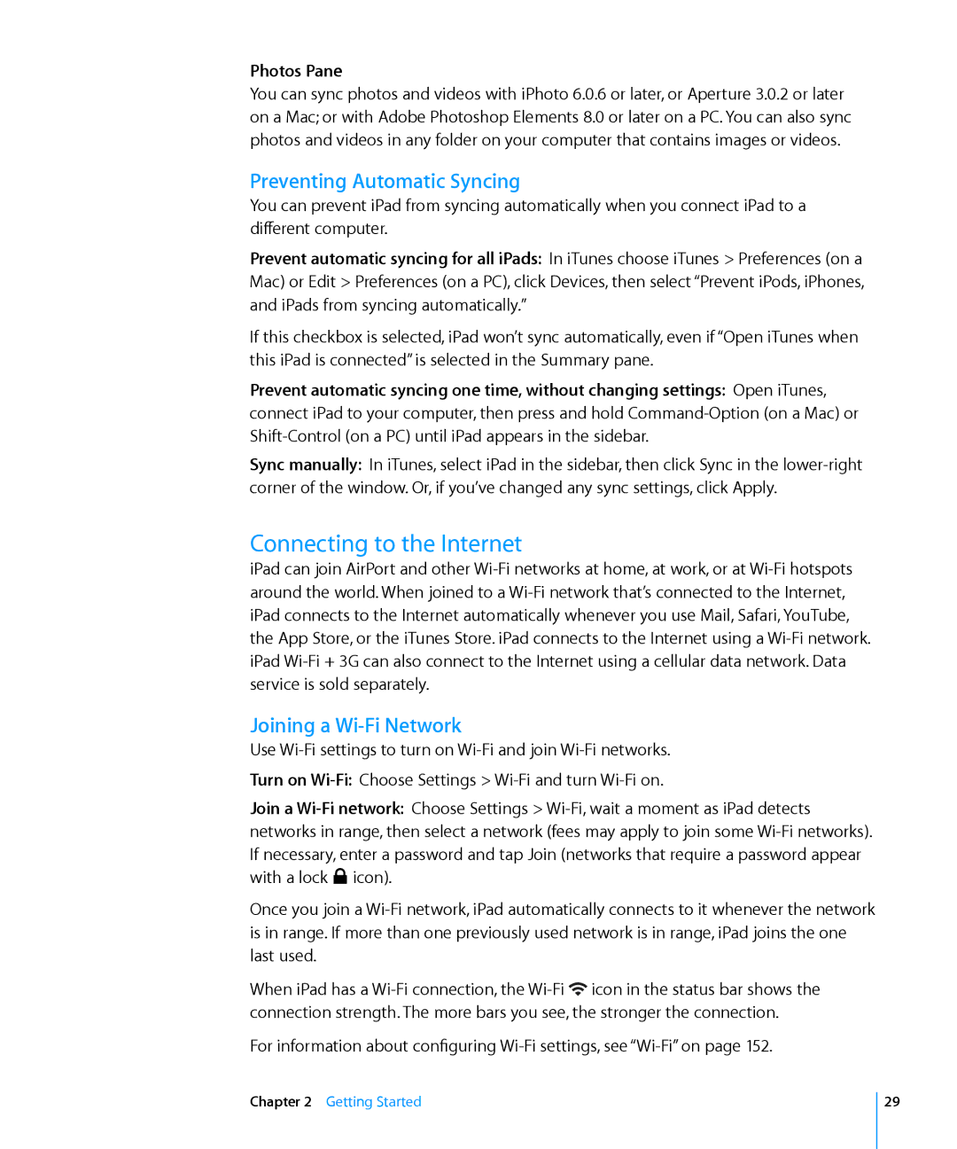 Apple MC957LL/A, MC992LL/A Connecting to the Internet, Preventing Automatic Syncing, Joining a Wi-Fi Network, Photos Pane 