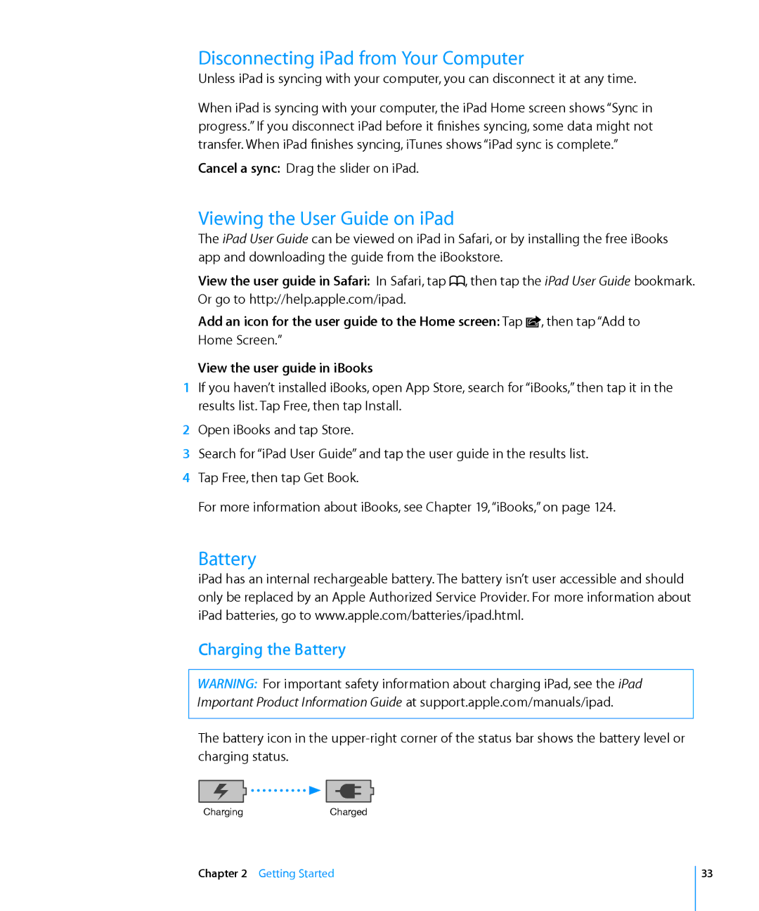 Apple MC770LL/A, MC992LL/A Disconnecting iPad from Your Computer, Viewing the User Guide on iPad, Charging the Battery 