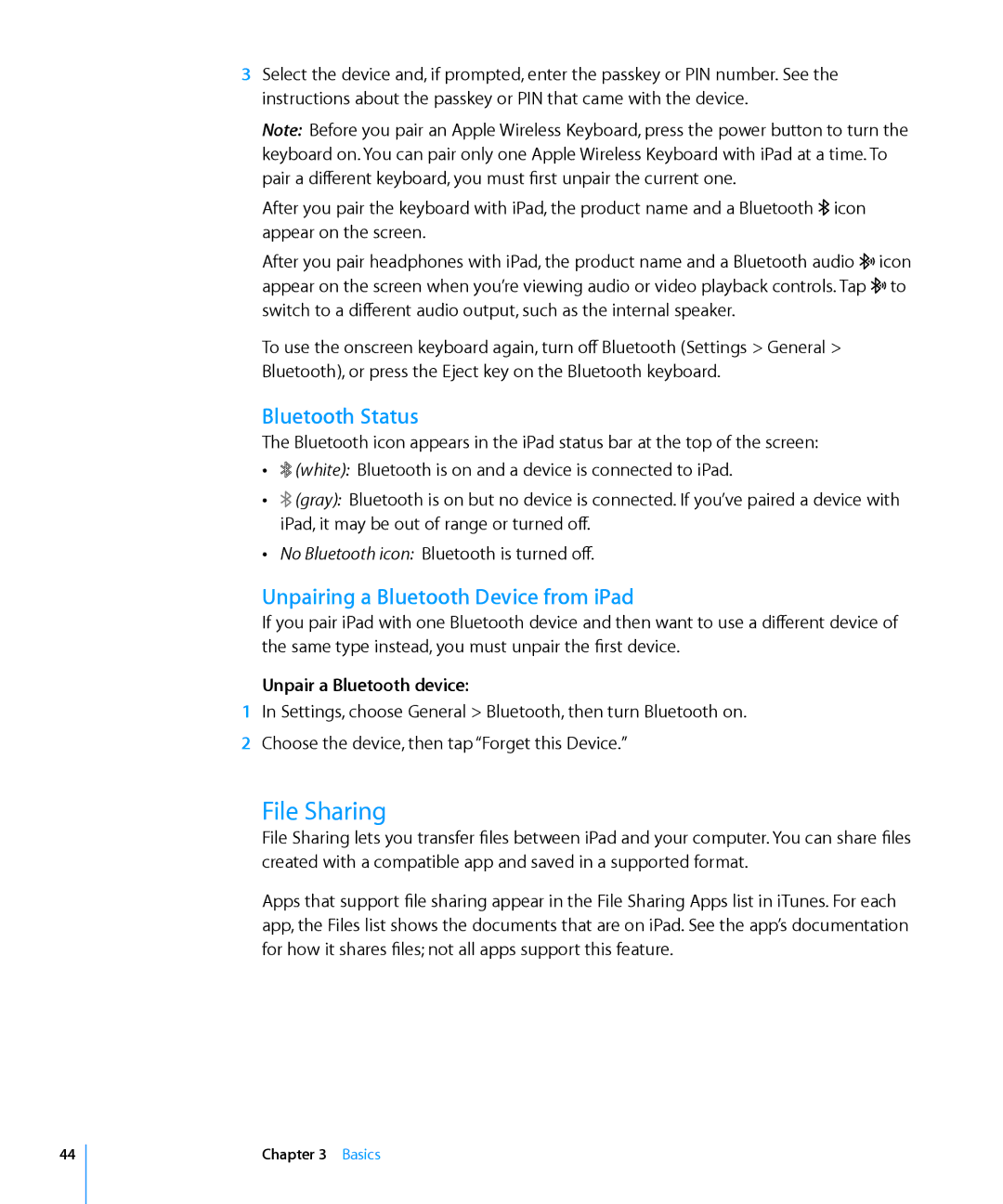 Apple MC774LL/A manual File Sharing, Bluetooth Status, Unpairing a Bluetooth Device from iPad, Unpair a Bluetooth device 