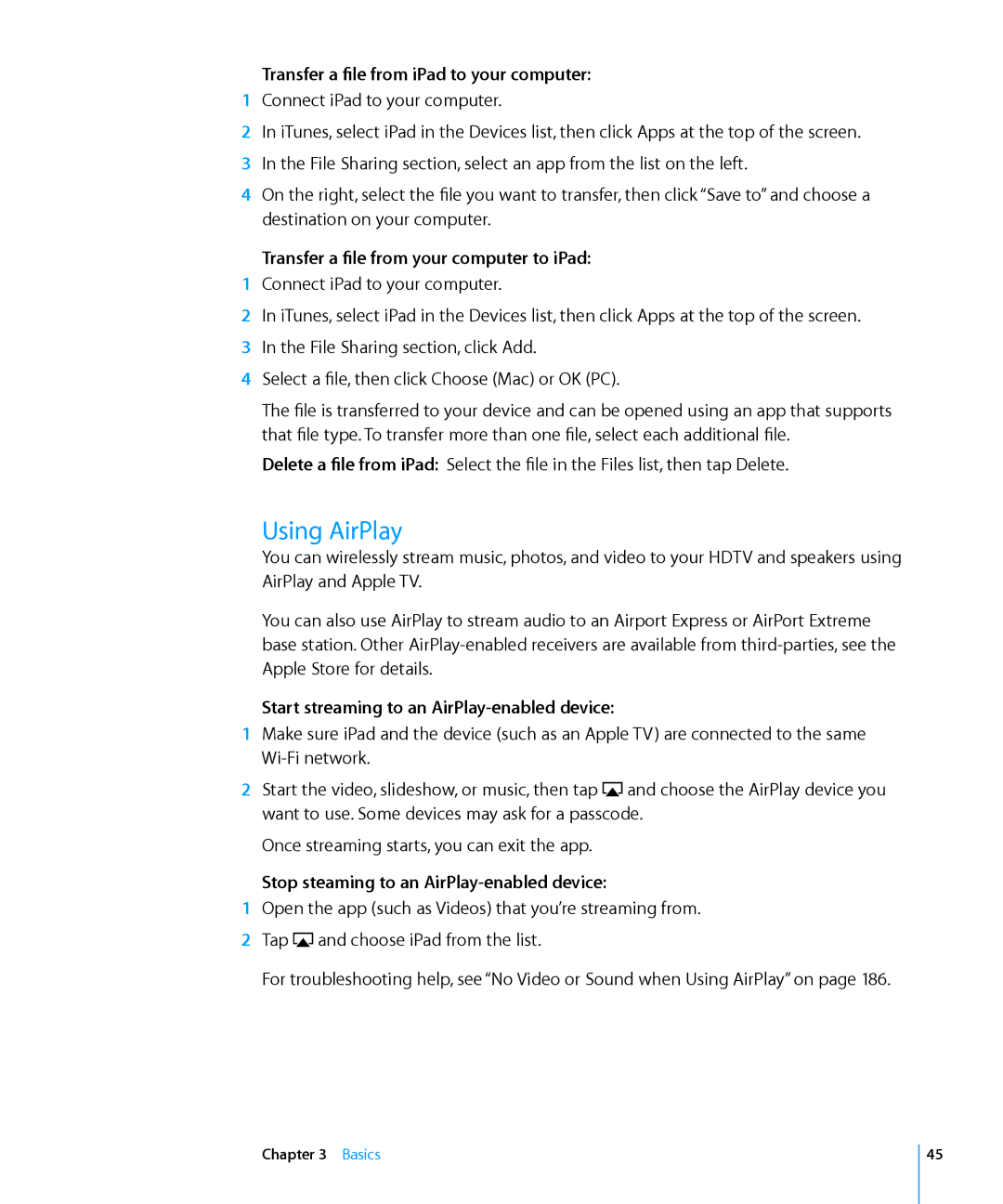 Apple MC959LLA manual Using AirPlay, Transfer a file from iPad to your computer, Transfer a file from your computer to iPad 