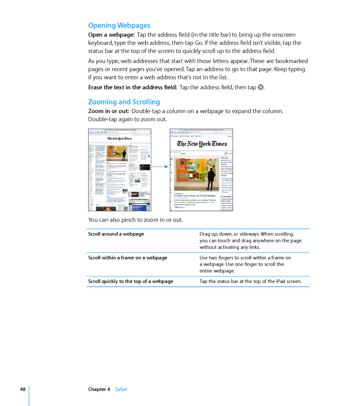 Apple MC985LL/A manual Opening Webpages, Zooming and Scrolling, Scroll around a webpage, Scroll within a frame on a webpage 