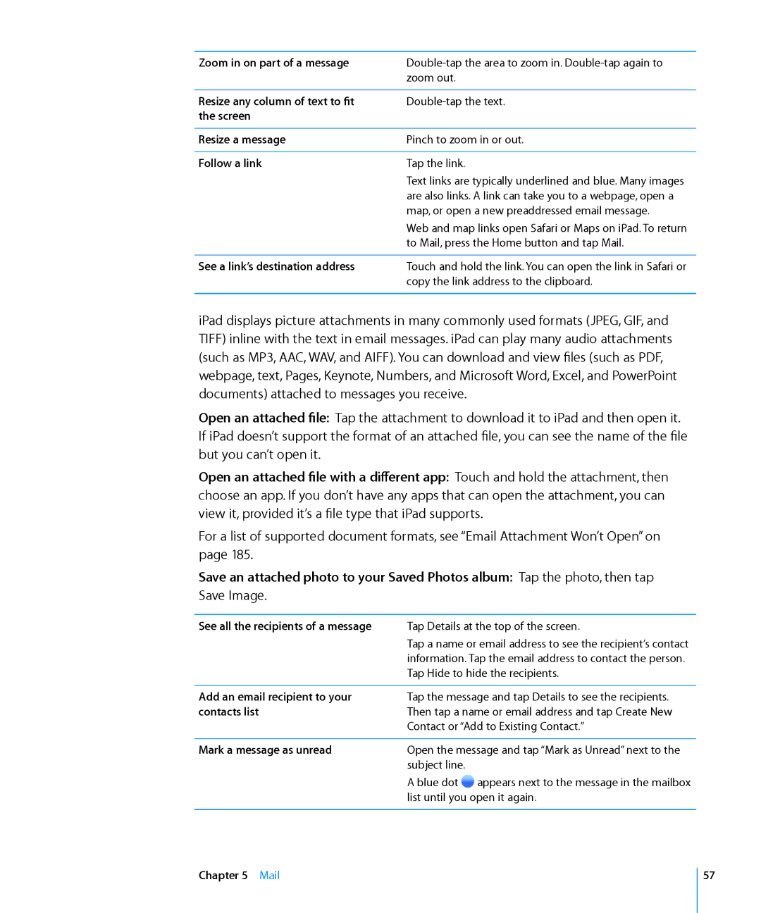 Apple MC825LL/A Zoom in on part of a message, Resize any column of text to fit the screen, Resize a message, Follow a link 