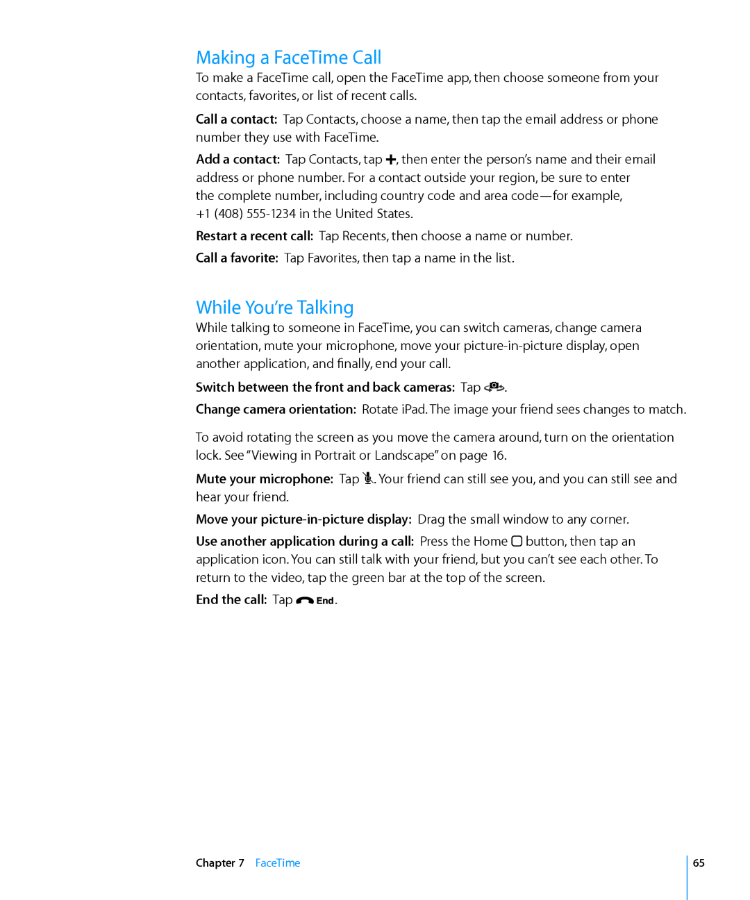 Apple MC959LLA, MC992LL/A manual Making a FaceTime Call, While You’re Talking, Switch between the front and back cameras Tap 