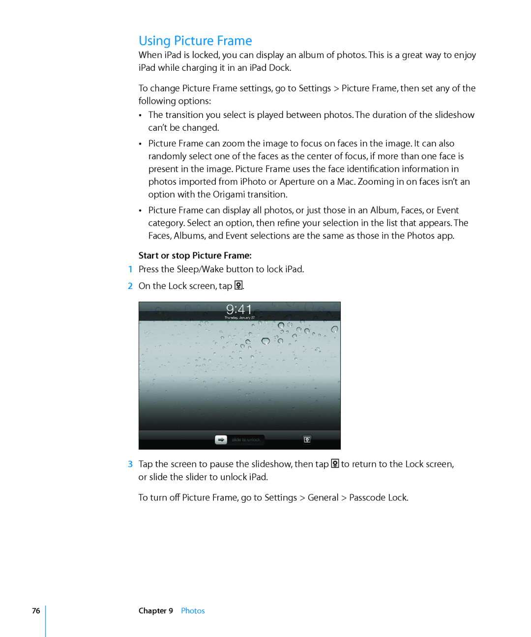 Apple MC960LL/A, MC992LL/A, MC983LL/A, MC987LL/A, MC963LL/A, MC774LL/A manual Using Picture Frame, Start or stop Picture Frame 
