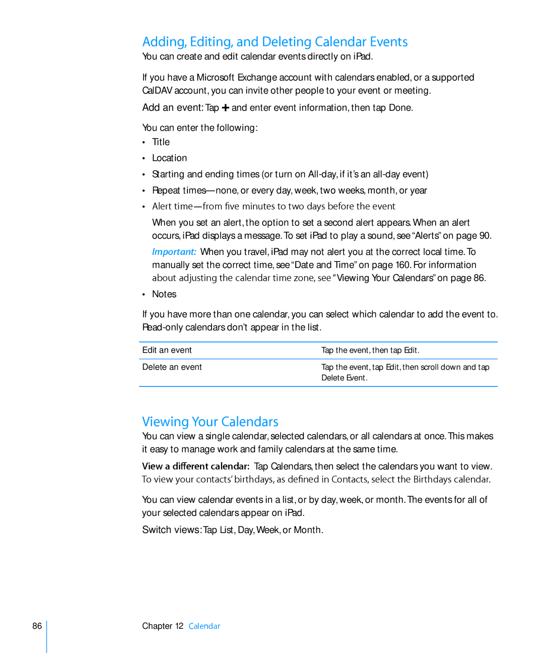 Apple MC982LL/A Adding, Editing, and Deleting Calendar Events, Viewing Your Calendars, Edit an event, Delete an event 