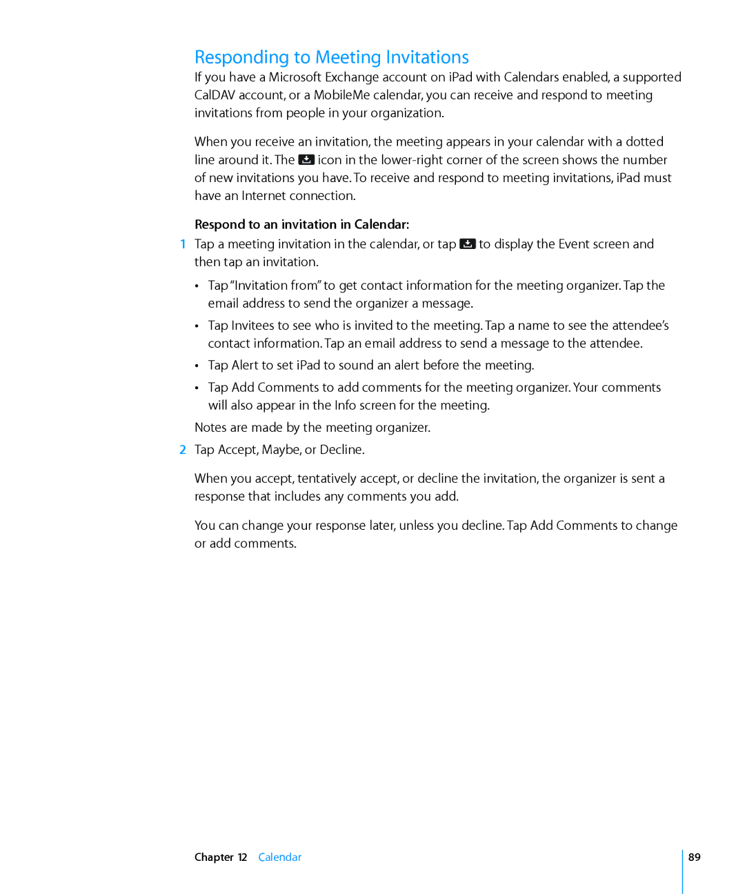 Apple MC957LL/A, MC992LL/A, MC983LL/A, MC987LL/A Responding to Meeting Invitations, Respond to an invitation in Calendar 