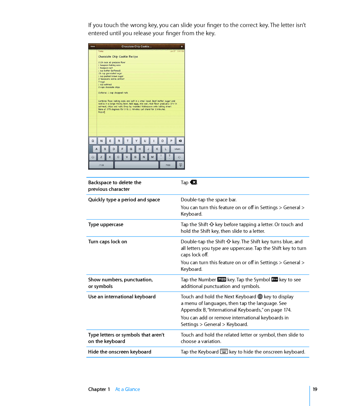 Apple MC955LL/A Backspace to delete the, previous character, Quickly type a period and space, Type uppercase, or symbols 