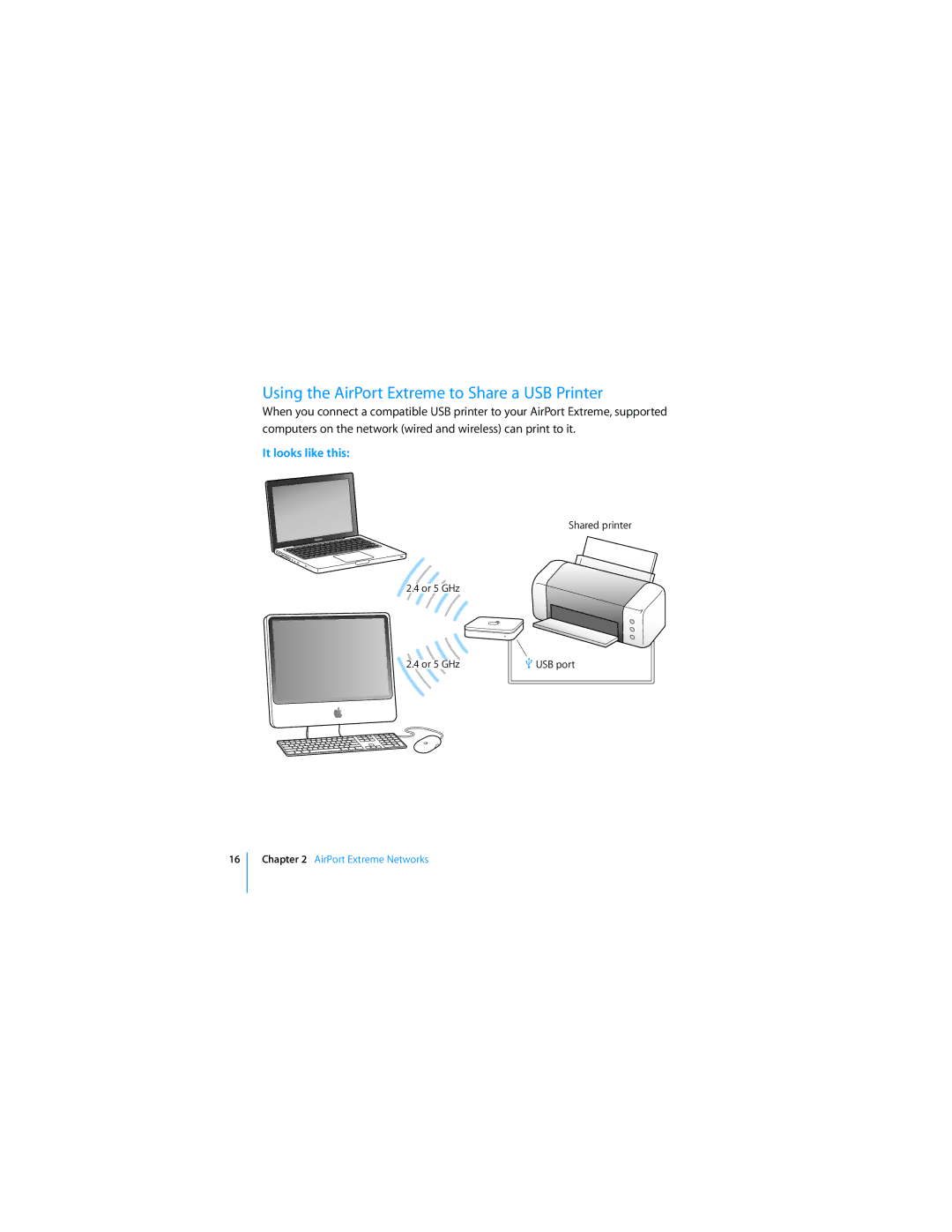 Apple MD031 setup guide Using the AirPort Extreme to Share a USB Printer 