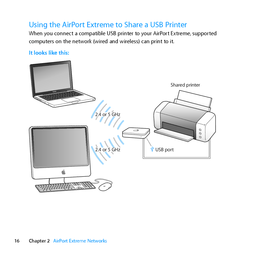 Apple MD031LL/A setup guide Using the AirPort Extreme to Share a USB Printer 