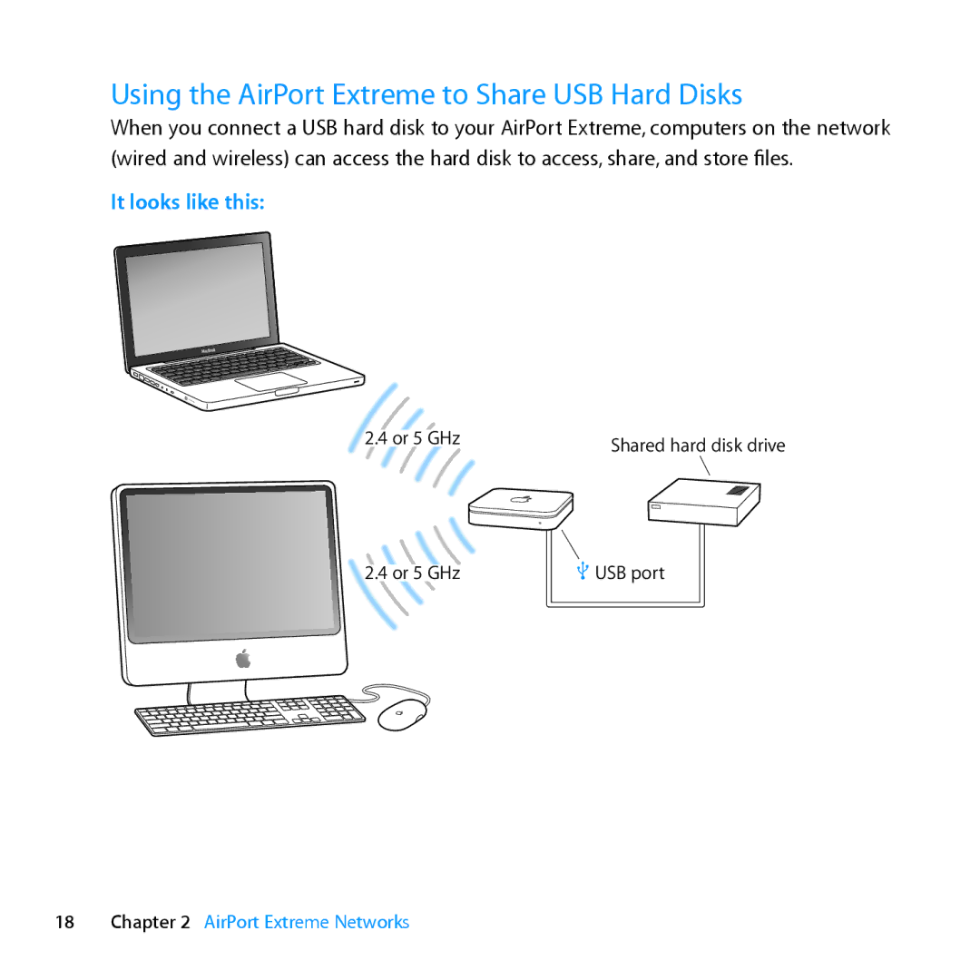 Apple MD031LL/A setup guide Using the AirPort Extreme to Share USB Hard Disks 