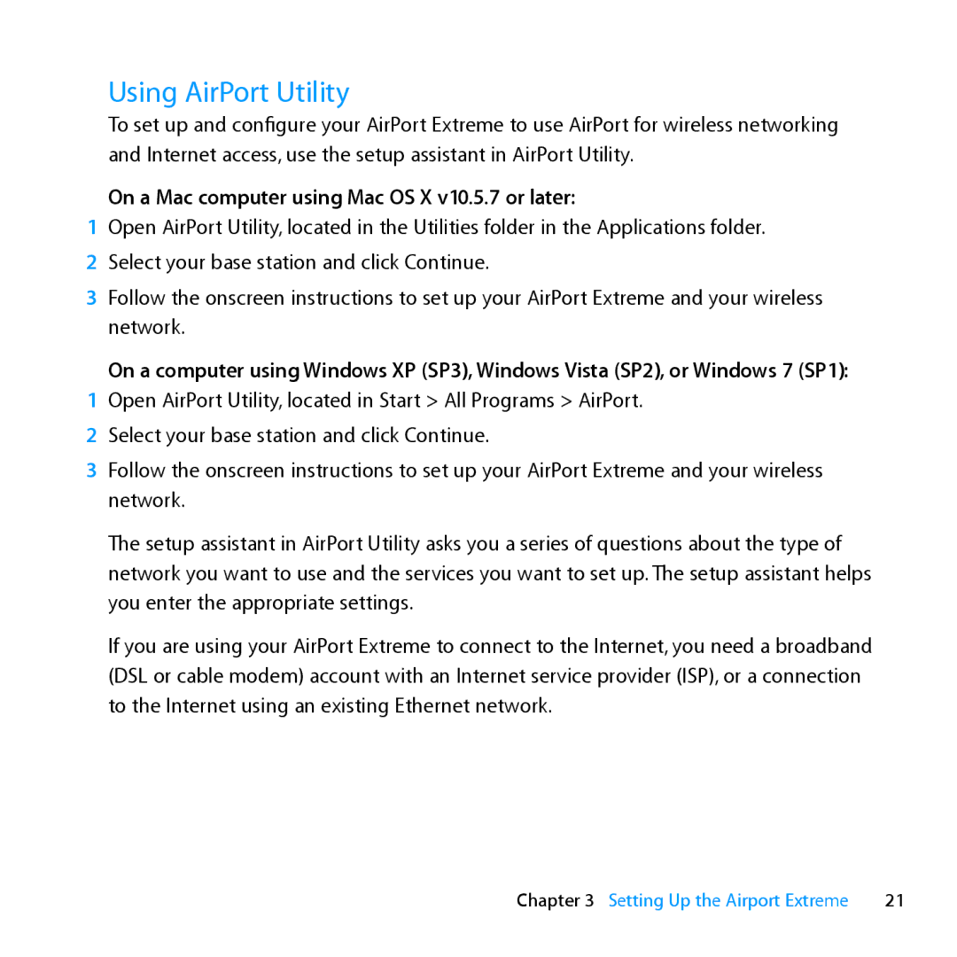 Apple MD031LL/A setup guide Using AirPort Utility, On a Mac computer using Mac OS X v10.5.7 or later 