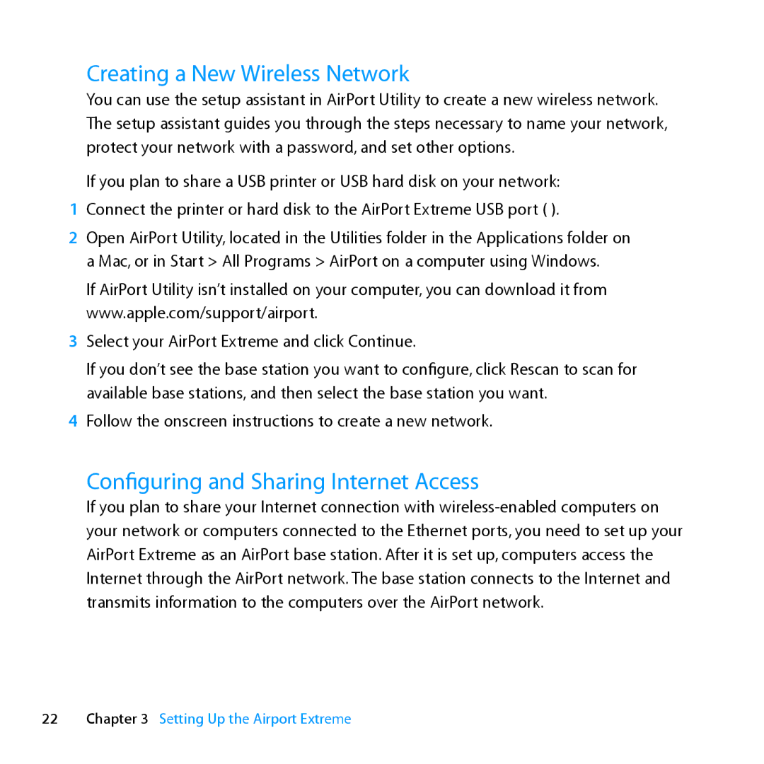 Apple MD031LL/A setup guide Creating a New Wireless Network, Configuring and Sharing Internet Access 