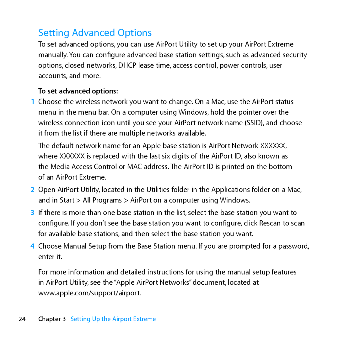 Apple MD031LL/A setup guide Setting Advanced Options, To set advanced options 