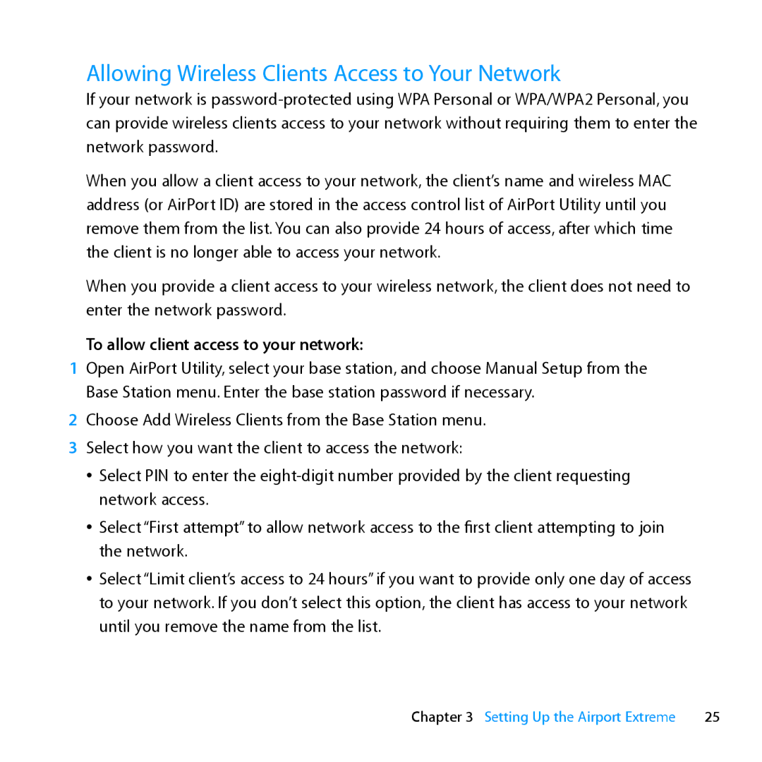 Apple MD031LL/A setup guide Allowing Wireless Clients Access to Your Network, To allow client access to your network 