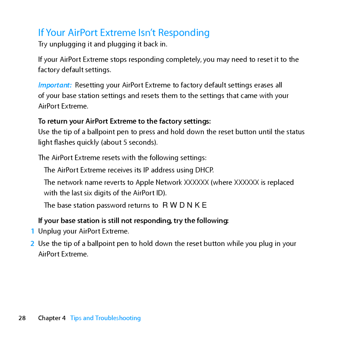 Apple MD031LL/A If Your AirPort Extreme Isn’t Responding, To return your AirPort Extreme to the factory settings 