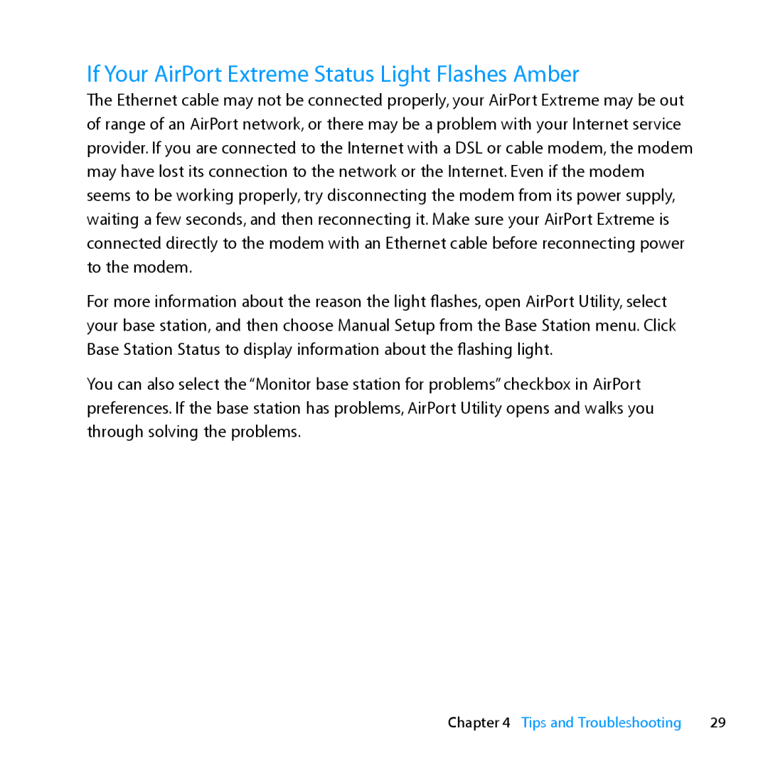 Apple MD031LL/A setup guide If Your AirPort Extreme Status Light Flashes Amber 