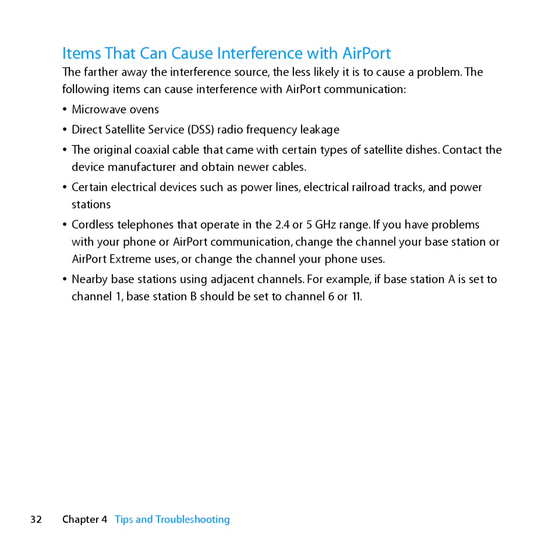 Apple MD031LL/A setup guide Items That Can Cause Interference with AirPort 