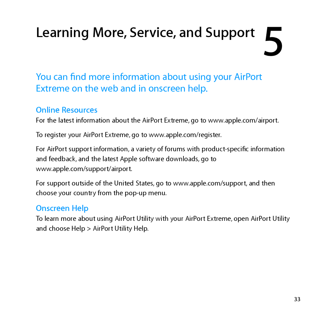 Apple MD031LL/A setup guide Learning More, Service, and Support, Online Resources Onscreen Help 