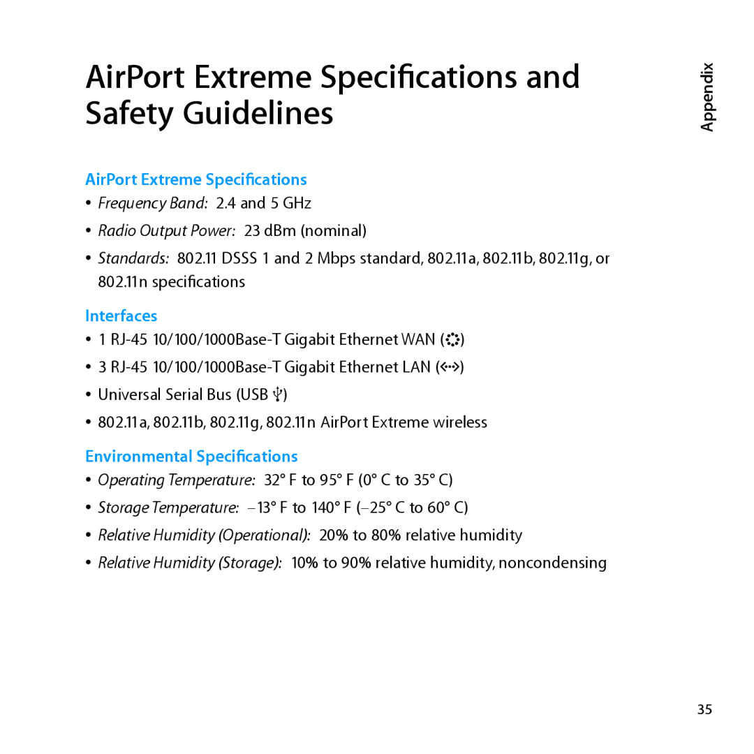 Apple MD031LL/A setup guide AirPort Extreme Specifications and Safety Guidelines, Appendix 