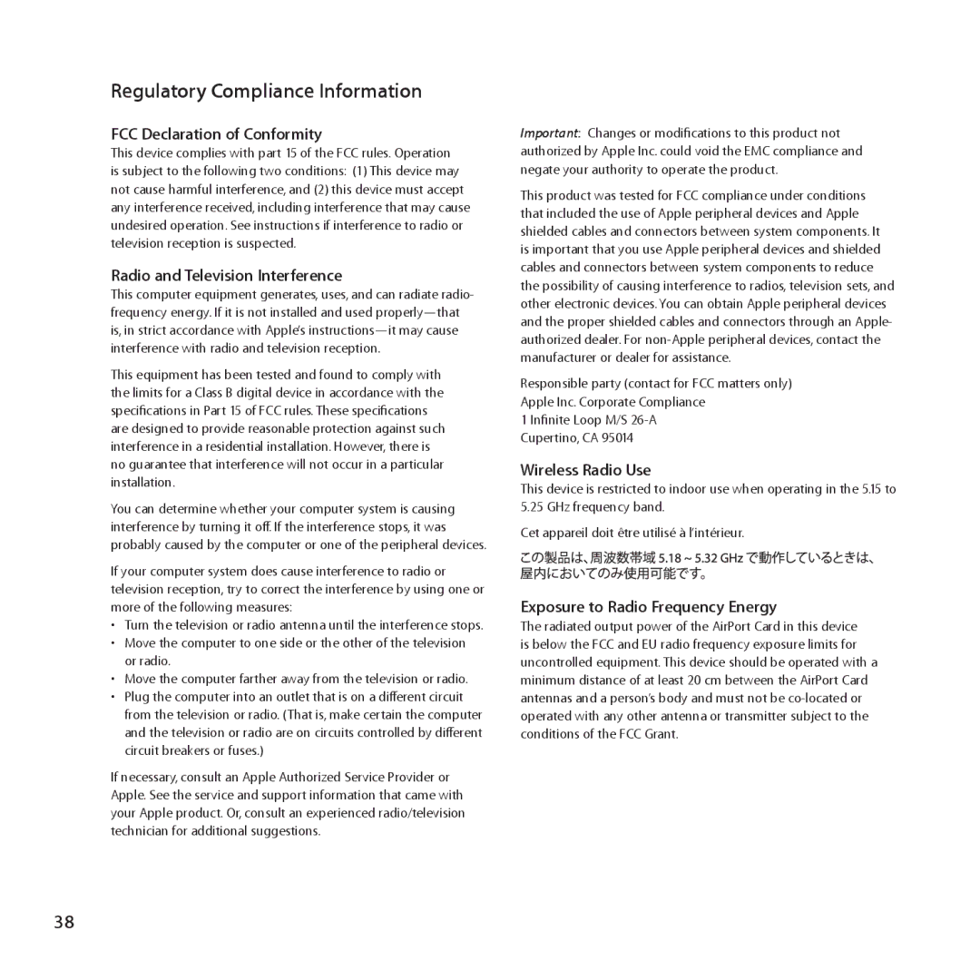 Apple MD031LL/A setup guide Regulatory Compliance Information 