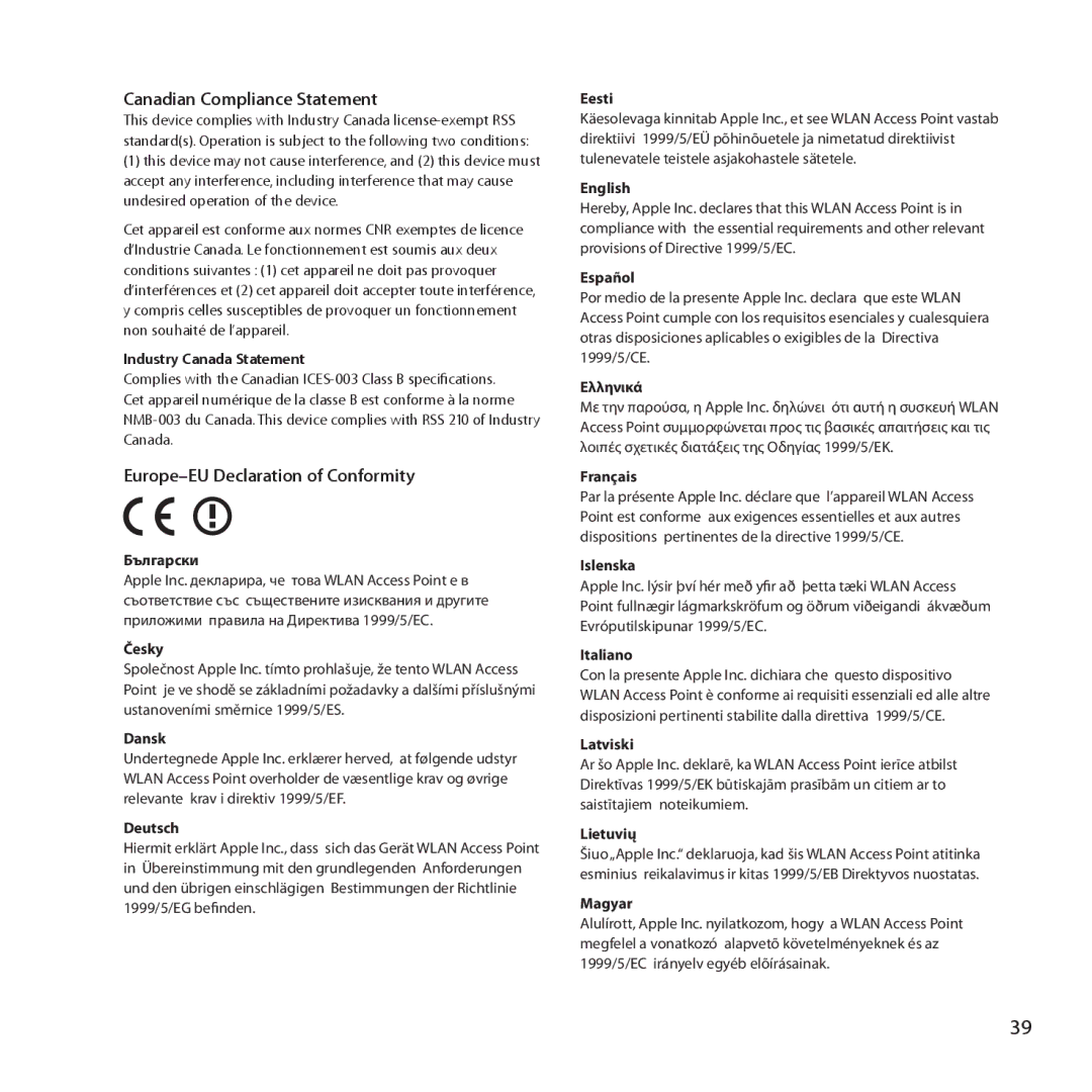 Apple MD031LL/A setup guide Canadian Compliance Statement 