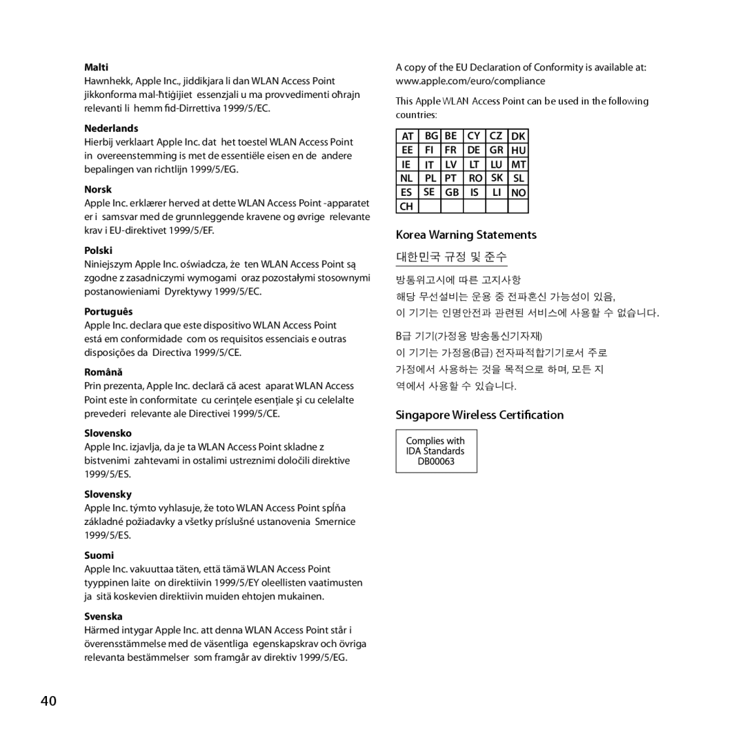 Apple MD031LL/A setup guide Singapore Wireless Certification 