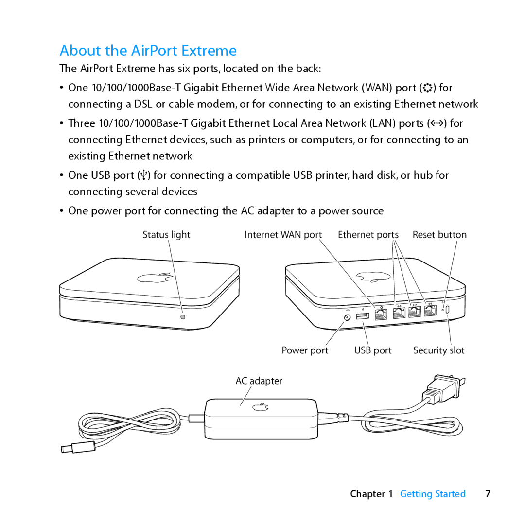 Apple MD031LL/A setup guide About the AirPort Extreme, AirPort Extreme has six ports, located on the back 