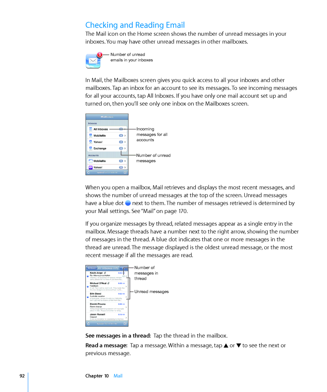 Apple MC544LL/A, MD058LL/A, ME178LL/A manual Checking and Reading Email, Mail 