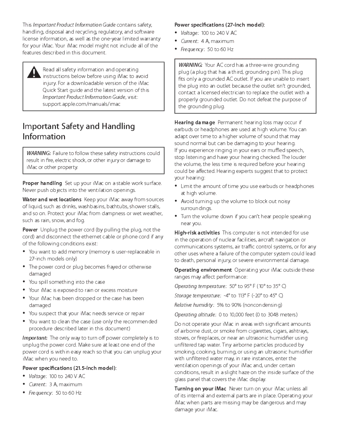 Apple MD093LL/A manual Important Safety and Handling Information, Power specifications 27-inch model 