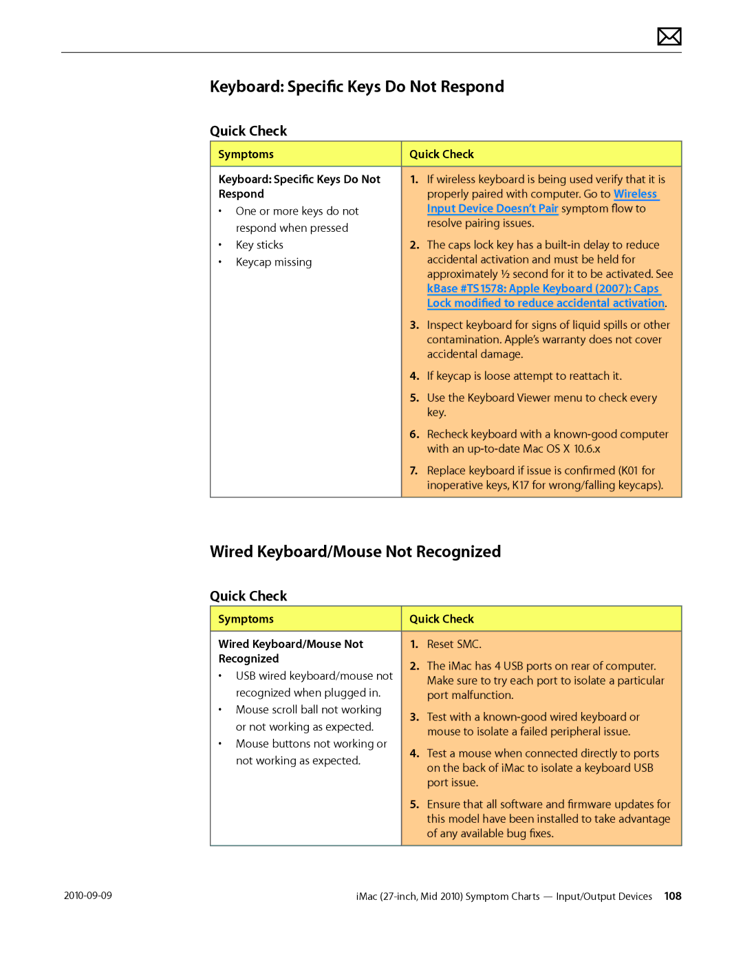 Apple MD094LL/A manual Keyboard Specific Keys Do Not Respond, Wired Keyboard/Mouse Not Recognized 