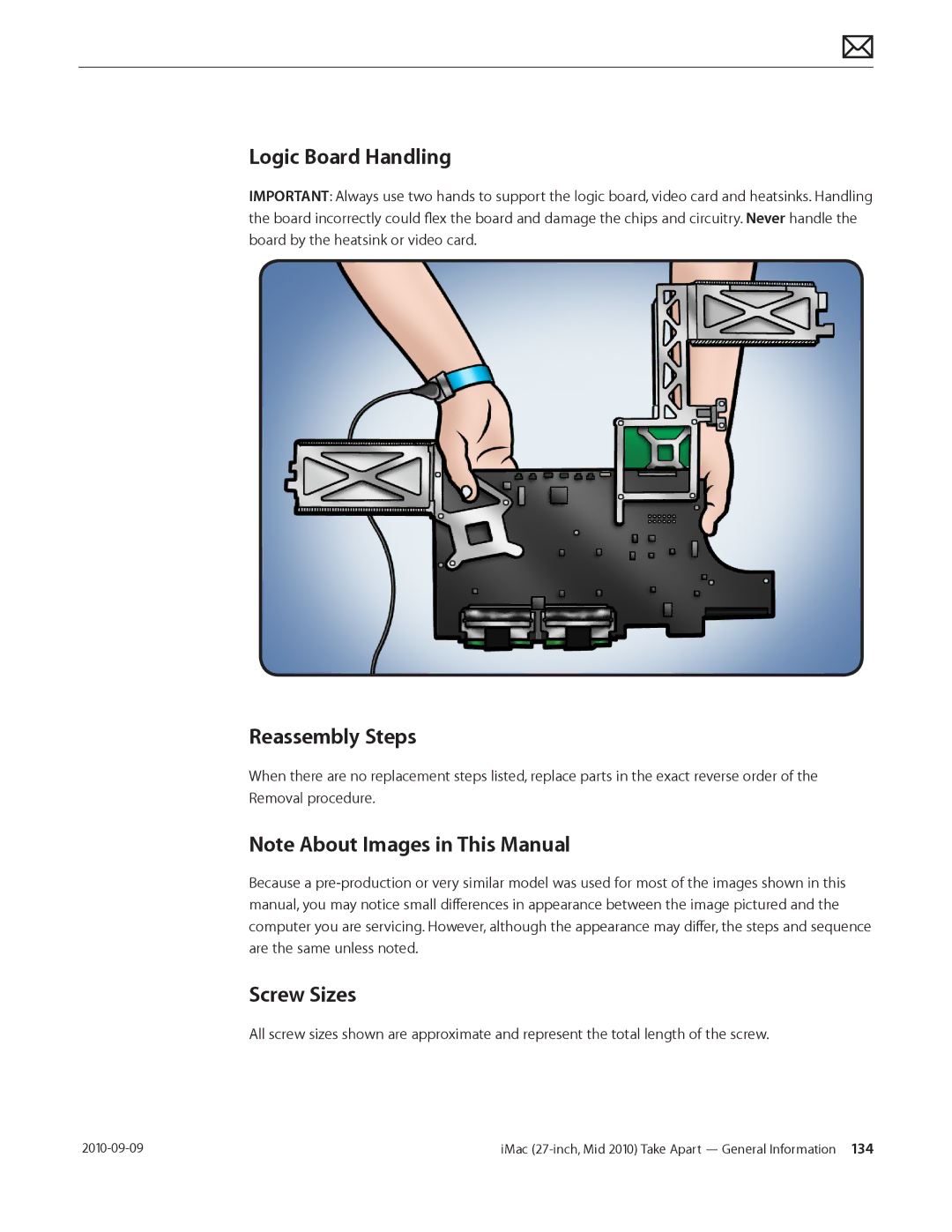 Apple MD094LL/A manual Logic Board Handling, Reassembly Steps, Screw Sizes 