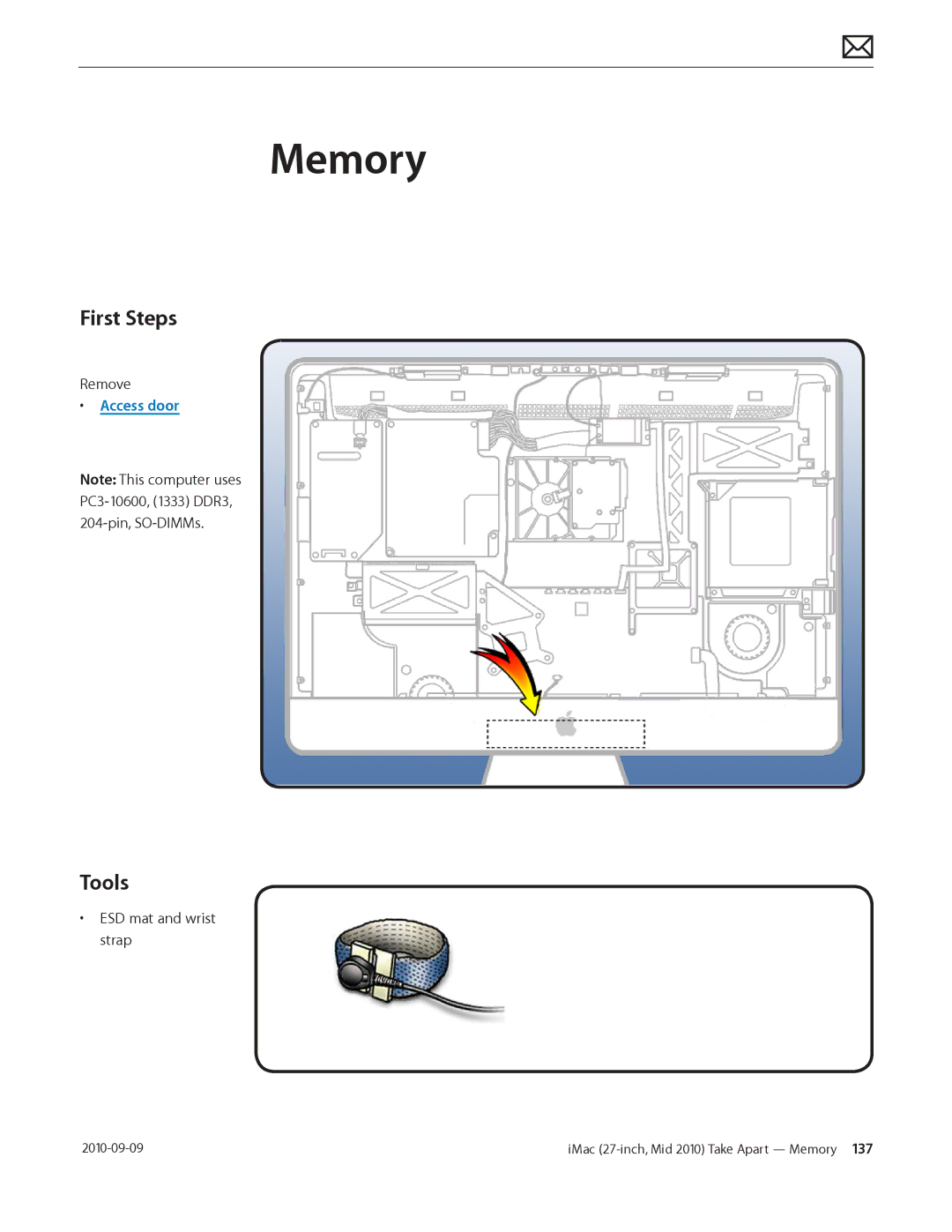 Apple MD094LL/A manual Memory, Remove, Access door, ESD mat and wrist strap 