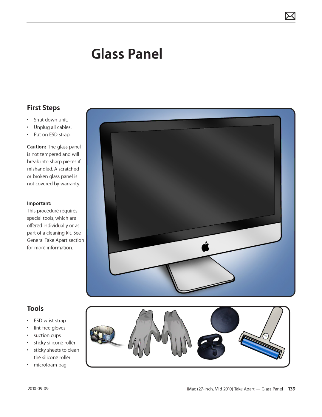 Apple MD094LL/A manual Glass Panel, Shut down unit Unplug all cables Put on ESD strap, Microfoam bag 