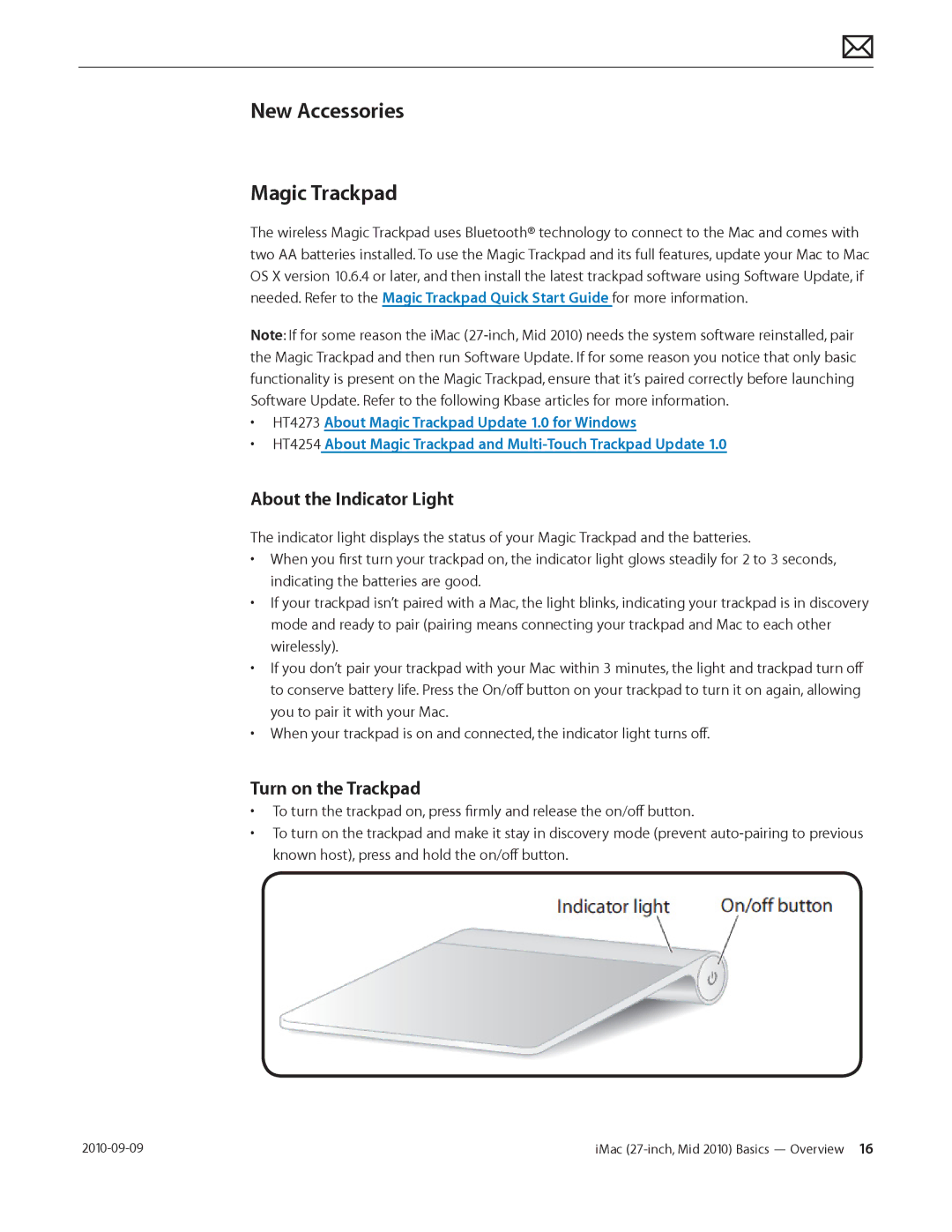 Apple MD094LL/A manual New Accessories Magic Trackpad, About the Indicator Light 