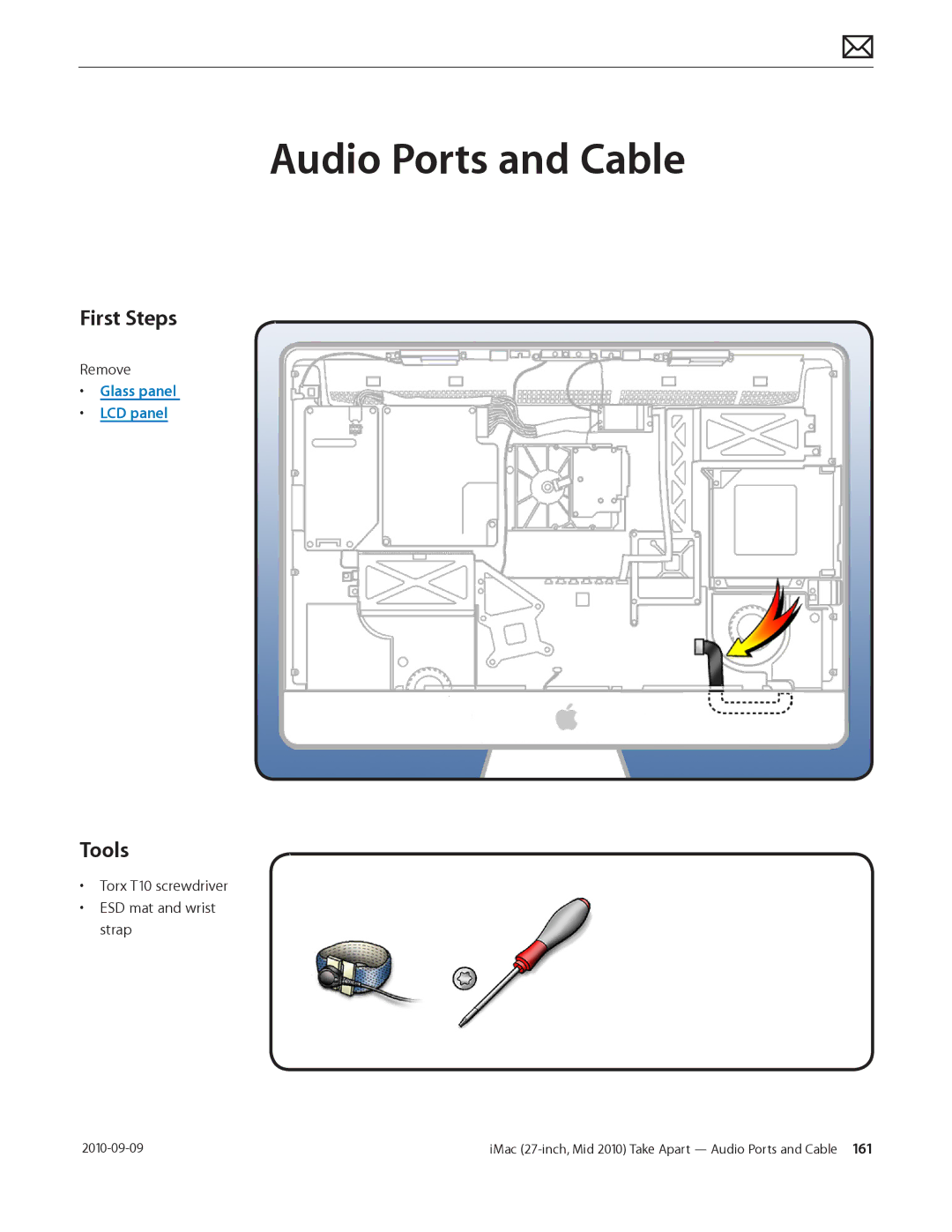 Apple MD094LL/A manual Audio Ports and Cable, Torx T10 screwdriver ESD mat and wrist strap 