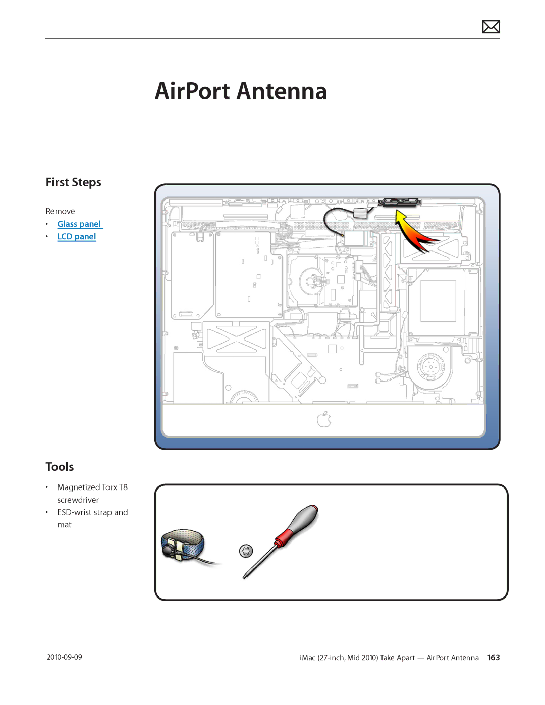 Apple MD094LL/A manual AirPort Antenna, Magnetized Torx T8 screwdriver ESD-wrist strap and mat 