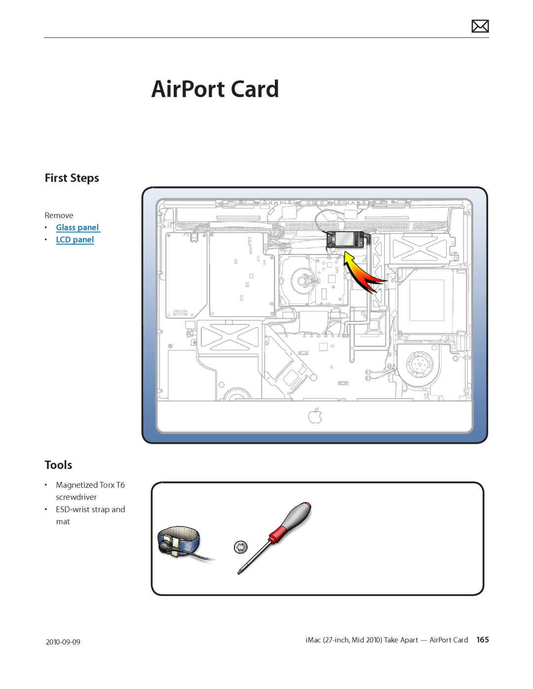 Apple MD094LL/A manual AirPort Card, Magnetized Torx T6 screwdriver ESD-wrist strap and mat 