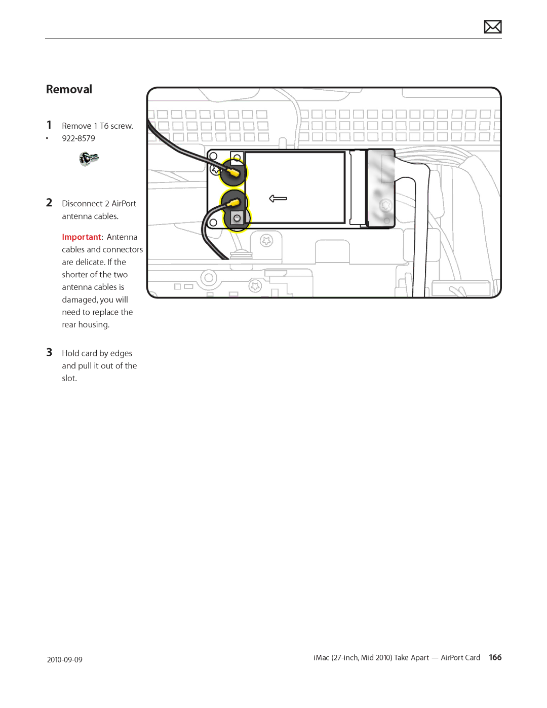 Apple MD094LL/A manual Remove 1 T6 screw 922-8579, Hold card by edges and pull it out of the slot 