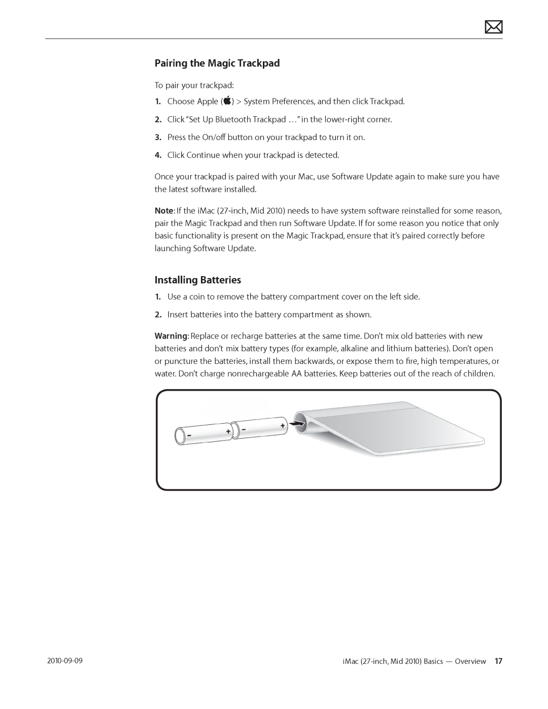 Apple MD094LL/A manual Pairing the Magic Trackpad 